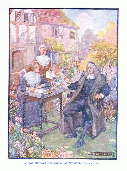 Milton sitting in his garden at the door of his house, from English Literature pub