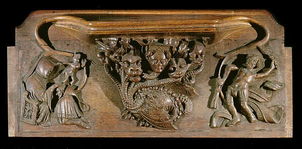 A misericord depicting an elaborately carved hydra, symbolic of the seven deadly sins