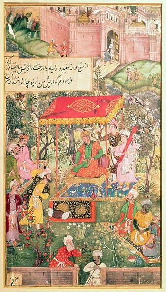 The Mogul Emperor Babur receives the envoys Uzbeg and Rauput in the garden at Agra