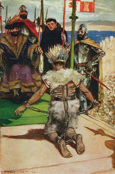 Montezuma before Cortes, illustration from The Book of Discovery by T. C. Bridges, published 1931 (colour litho)
