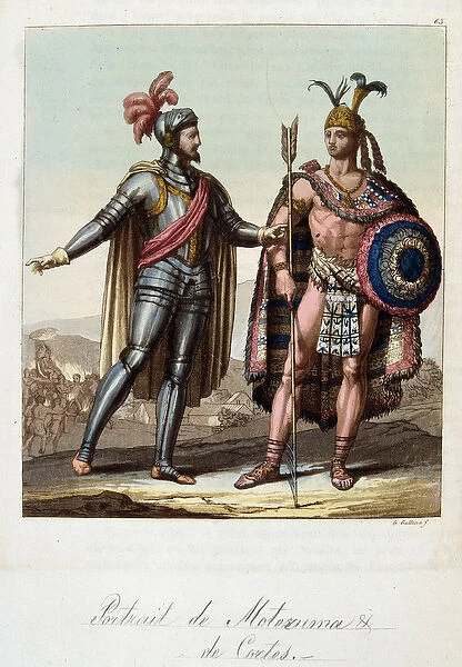 Montezuma II, Aztec king, and Hernan (or Hernando) Cortes or Fernand Cortez (1485-1547)