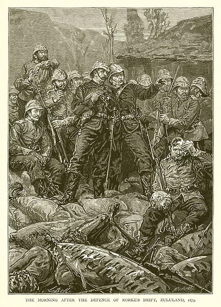 The Morning after the Defence of Rorkes Drift, Zululand, 1879 (engraving)