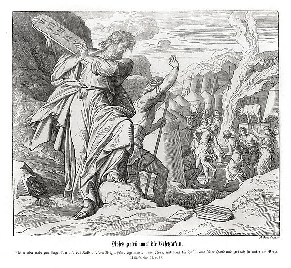 Moses breaks the commandment tablets, Exodus