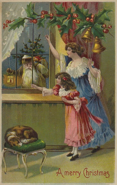 Mother and daughter, waving to Santa Claus (chromolitho)