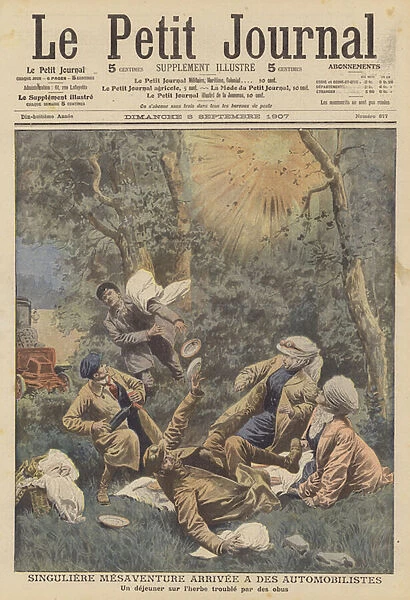 Motorists enjoying a picnic are disturbed by French artillery unaware of their presence (colour litho)