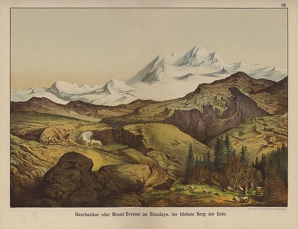 Mount Everest, the highest mountain on Earth (colour litho)