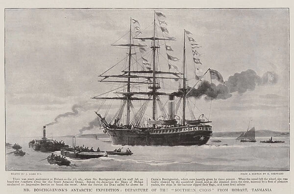 Mr Borchgrevinks Antarctic Expedition, Departure of the 'Southern Cross'from Hobart, Tasmania (litho)