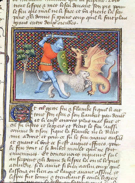 Ms 3480 Yvain, the Knight with the Lion, fighting a dragon
