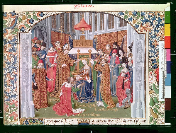 Ms Fr 2629 fol. 300 The Countess of Jaffa (c. 1136-88) crowning Guy of Lusignan (d
