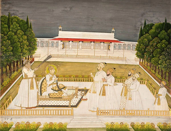 Muhammad Shah enthroned on a terrace at night with his officers, c