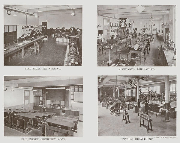 Municipal Technical Institute, Belfast, Electrical Engineering, Mechanical Laboratory, Elementary Chemistry Room, Spinning Department (b  /  w photo)