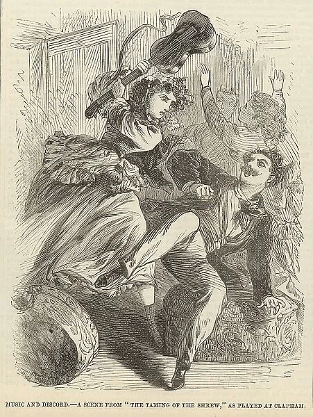 Music and discord; A scene from The Taming of the Shrew as played at Clapham (engraving)
