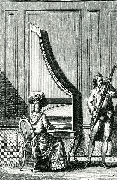 Musicians playing an upright clavicord and a bassoon (engraving) (b  /  w photo)