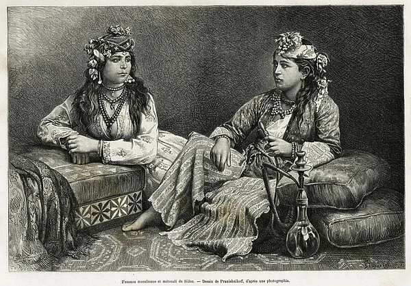 Muslim women and metouali from Sidon. Engraving by Y. Pranishnikoff, to illustrate the story La Syria d aujourd hui, by M. Lortet, dean of the Faculty of Medicine of Lyon, charged with a scientific mission by the Ministry of Public Education