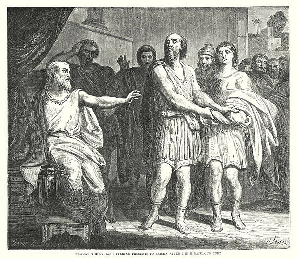 Naaman the Syrian offering Presents to Elisha after his Miraculous Care (engraving)