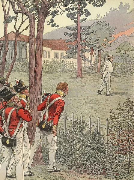 Napoleon walking in his garden when prisoner at St Helena (colour litho)