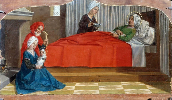 Nativity of the Virgin Anne gives birth to Mary. Painting by Nicolas Dipre (or Ypres