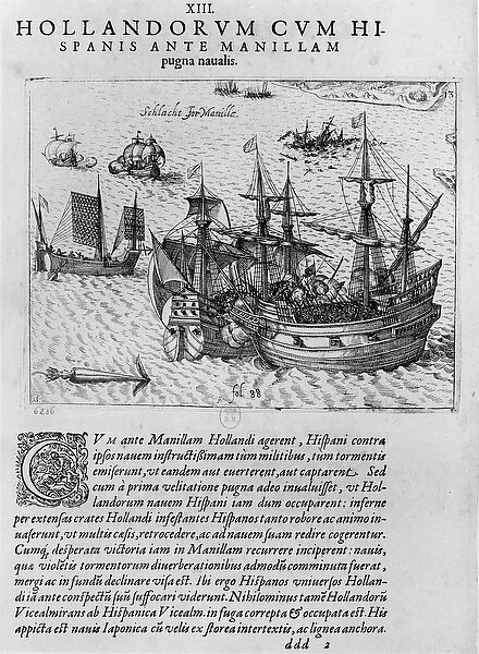 Naval combat between the Dutch and the Spanish off the coast of Manila (engraving)