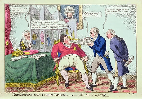 Necessitas Non Habet Leges, or the Nauseous Pill, 1823 (hand-coloured engraving)