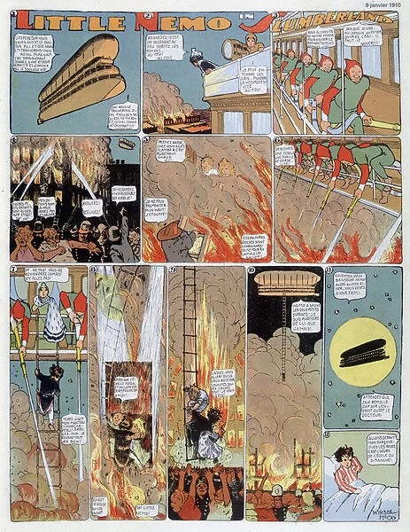 Nemo et l incendie - in 'Little Nemo in Slumberland'of 09  /  01  /  1910. llustration by Winsor McCay (1867-1934) - 'Little Nemo in the Land of Dreams'