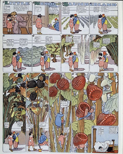 Nemo and Giant Fruits. illustration by Winsor McCay (1867-1934) in 'Little Nemo in Slumberland'of 26  /  07  /  1908 - 'Little Nemo in the Land of Dreams'