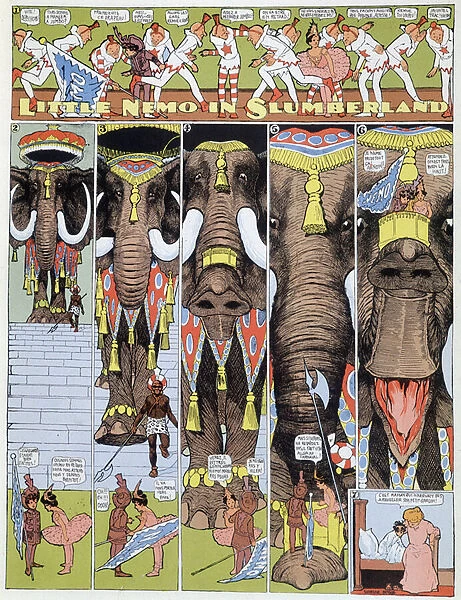 Nemo and the Mammoth - in 'Little Nemo in Slumberland'of 23  /  09  /  1906. lllustration by Winsor McCay (1867-1934). 'Little Nemo in the Land of Dreams'