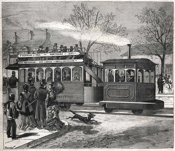 The new steam trams in Paris in 1876 running on the line of Saint - Germain - des - Pres