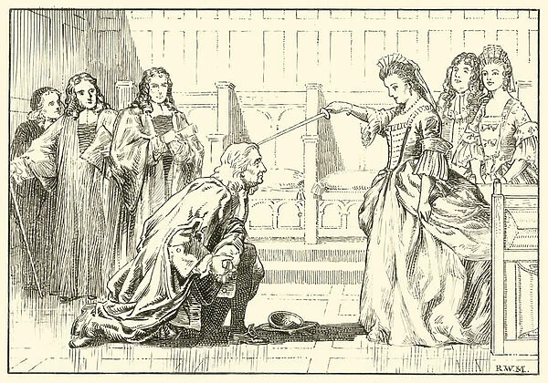Newton knighted by Queen Anne (ink on paper)