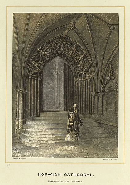 Norwich Cathedral, entrance to the cloisters (colour litho)