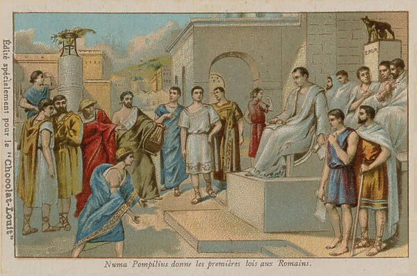 Numa Pompilius, second king of Rome (753-673 BC), passing the first Roman laws (chromolitho)