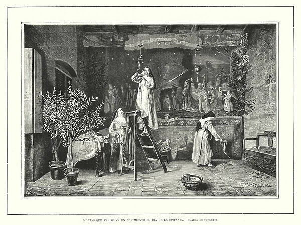 Nuns in a convent preparing to celebrate Epiphany (litho)