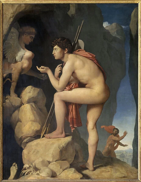 Oedipus explains the enigma of the sphinx Painting by Jean Auguste Dominique Ingres