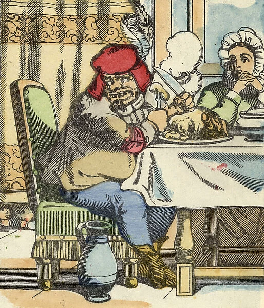 The ogre at the table, feels the presence of little Poucet and his brothers