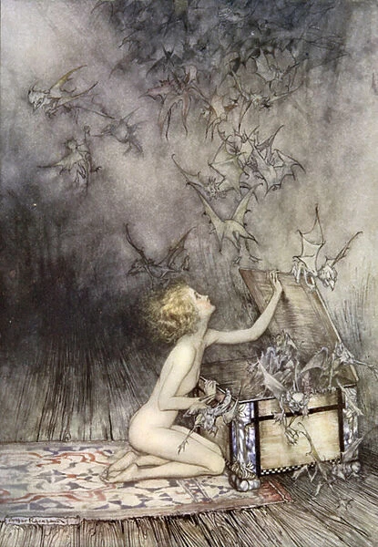 Opening of Pandoras box, scene from A Wonder Book, by Nathaniel Hawthorne (colour litho)