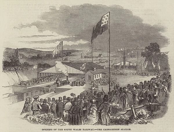 Opening of the South Wales Railway, the Carmarthen Station (engraving)