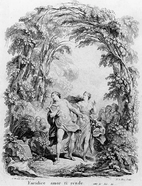 Orpheus leading Eurydice out of hell, illustration for the opera