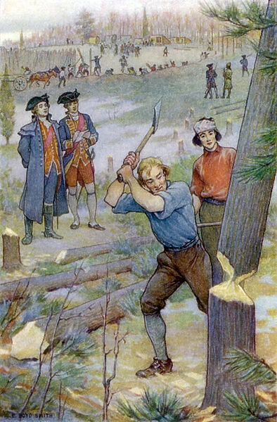 'Our axes... were immediately set to work to cut down trees'(colour litho)