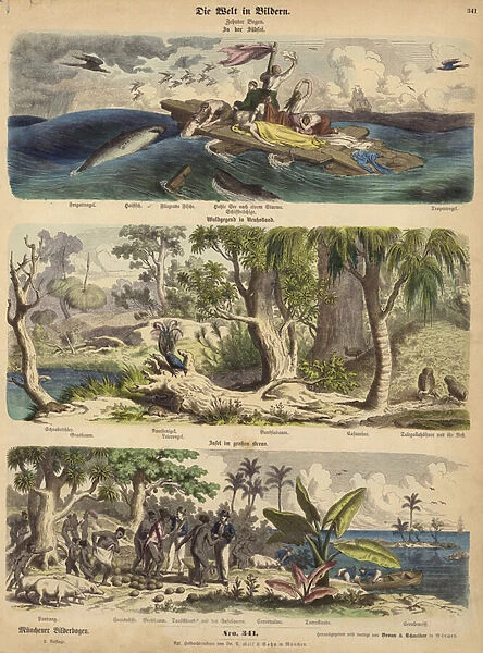 The Pacific: shipwreck survivors adrift on a raft in the South Seas; forest in New Holland (Australia); a Pacific island (coloured engraving)