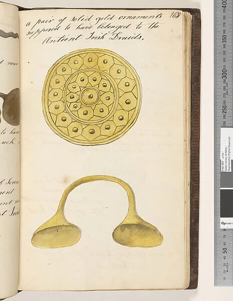 Page 168. A pair of solid gold ornaments supposed to have belonged to the antient Irish Druids, 1810-17 (w  /  c & manuscript text)