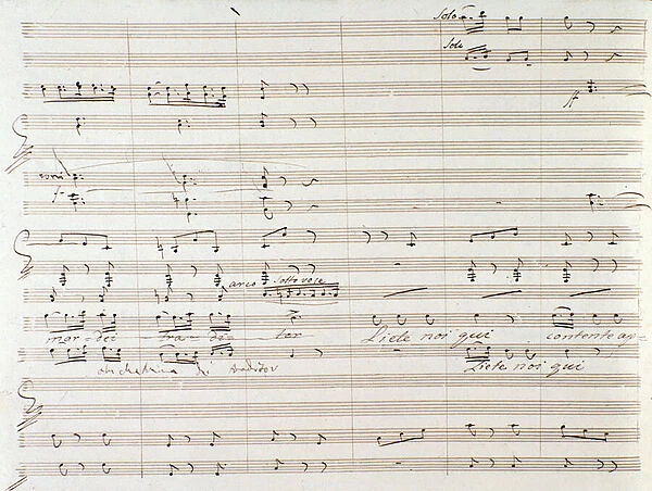 Page of musical score of Le Comte Ory with handwritten corrections by Gioacchino Rossini