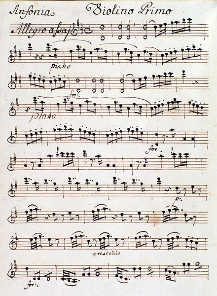 Page of the sheet music for the first violin of Symphony n. 4 in D, by Mozart (1765)