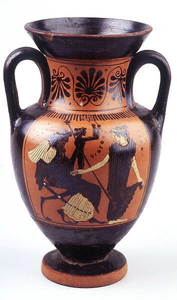 Painting on vase: Jupiter (Zeus) sitting in front of Hera (Juno) holds Dionysus (Bacco)