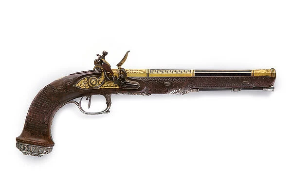 One of a pair of silver-mounted rifled flintlock pistols, Versailles