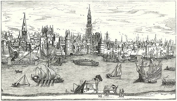 Panorama of Antwerp at the beginning of the 16th Century (engraving)