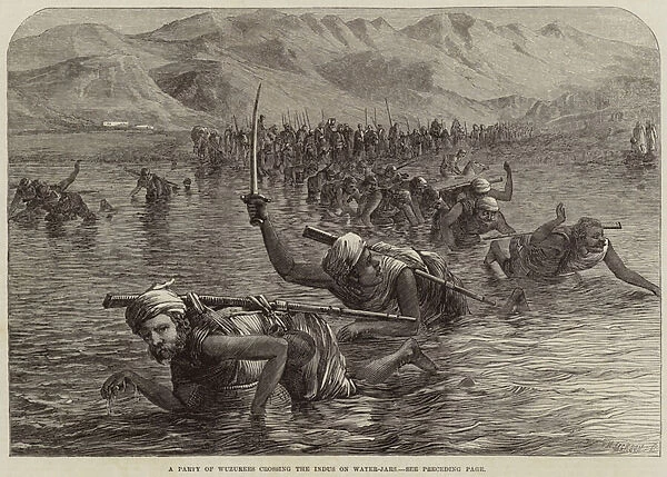 A Party of Wuzurees crossing the Indus on Water-Jars (engraving)