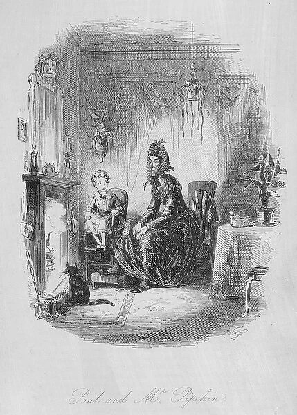 Paul and Mrs. Pipchin, illustration from Dombey and Son by Charles Dickens