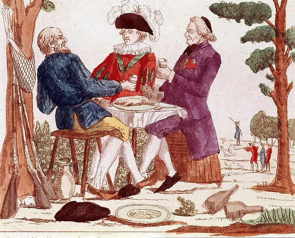 A peasant (tiers etat), clergy and aristocrat eat a rabbit together at a table