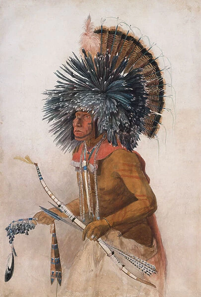 Pehriska-Ruhpa, Hidatsa warrior, in costume of the Dog Dance, 1834 (w  /  c on paper)