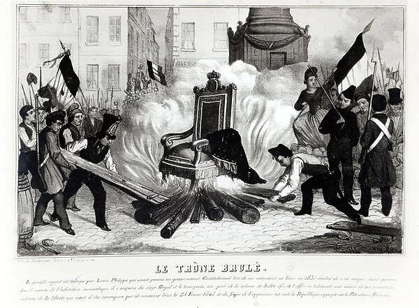 The People Burning the Throne at the Place de la Bastille, 1848 (litho) (b  /  w photo)