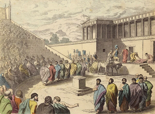 Performance of the play Agamemnon in a theatre in Ancient Greece (coloured engraving)